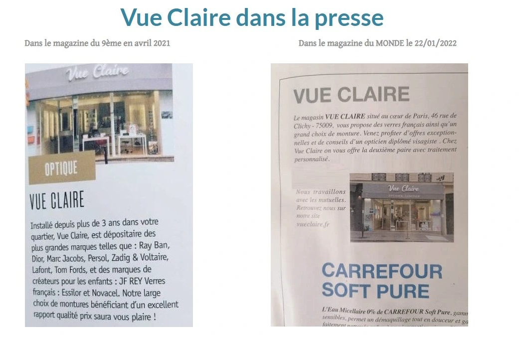 article de les journaux, le monde en parle Vue Claire, l opticien paris 9 qui prends soin de vos yeux